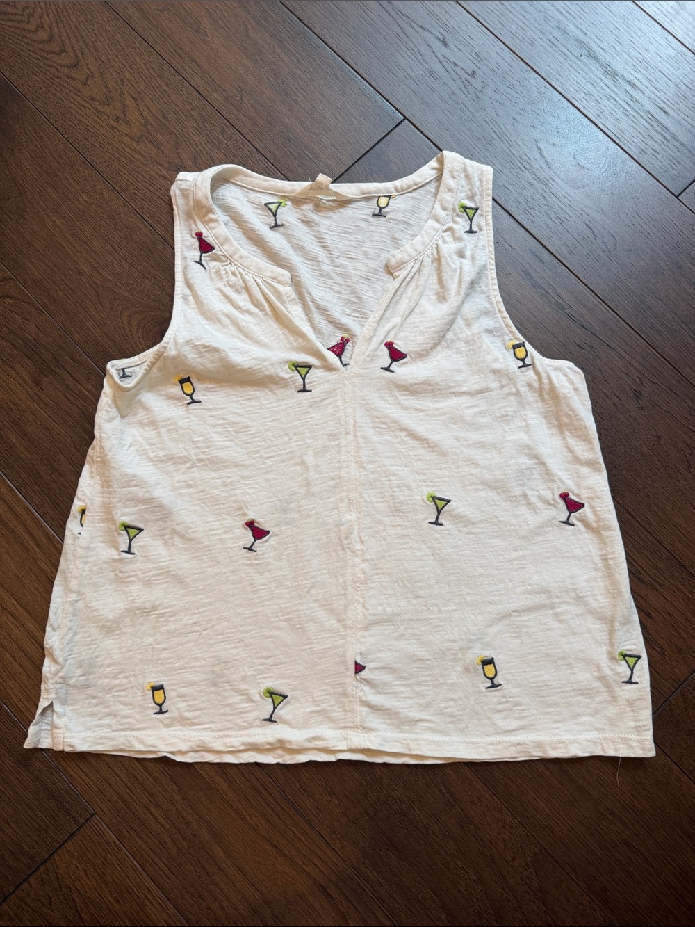 Lucky Brand White Tank Top with Colorful Cocktail Embroidery Size Small